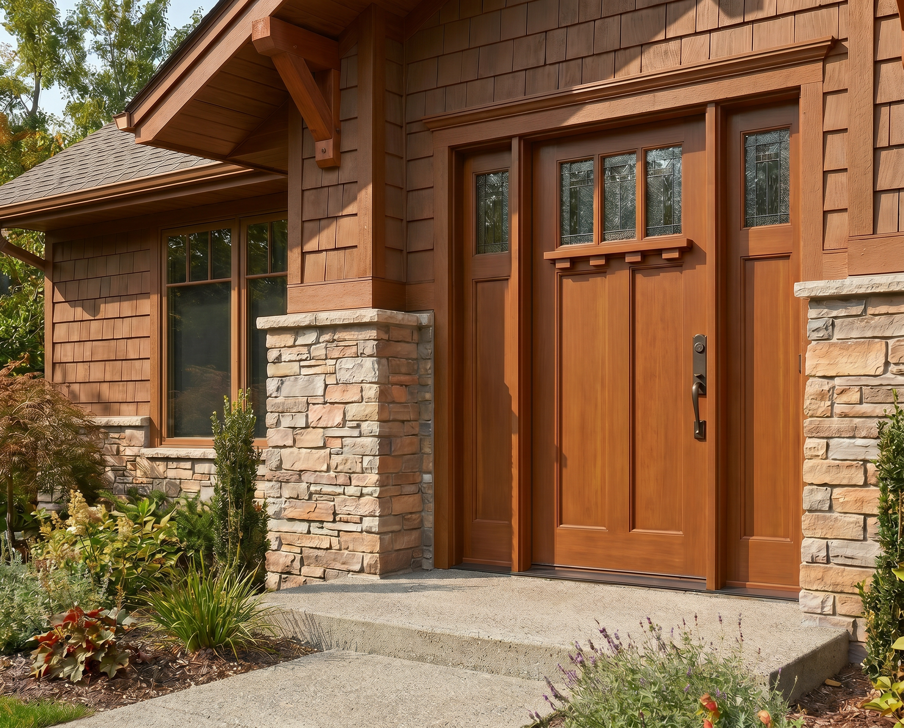 A warm brown wooden front door with a six-pane top window, flanked by matching sidelight windows and a concrete porch step, set in a house with brown shingles and stone columns.