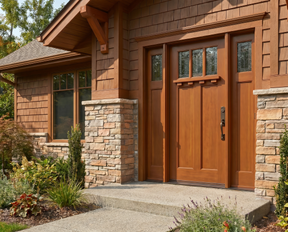 A warm brown wooden front door with a six-pane top window, flanked by matching sidelight windows and a concrete porch step, set in a house with brown shingles and stone columns.