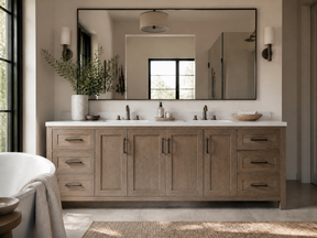 A double-sink bathroom vanity in a warm light oak wood finish with a white countertop, set in a modern bathroom with a large mirror, wall sconces, and a window.