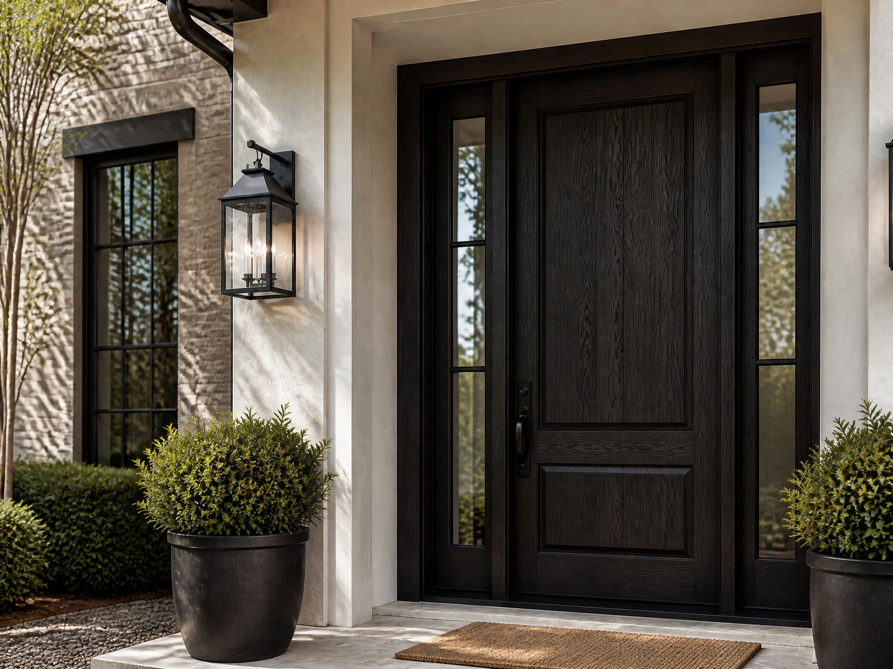 Black wood front door with glass sidelights, black lantern, and potted greenery at a stone-and-stucco entryway.