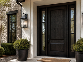 Black wood front door with glass sidelights, black lantern, and potted greenery at a stone-and-stucco entryway.