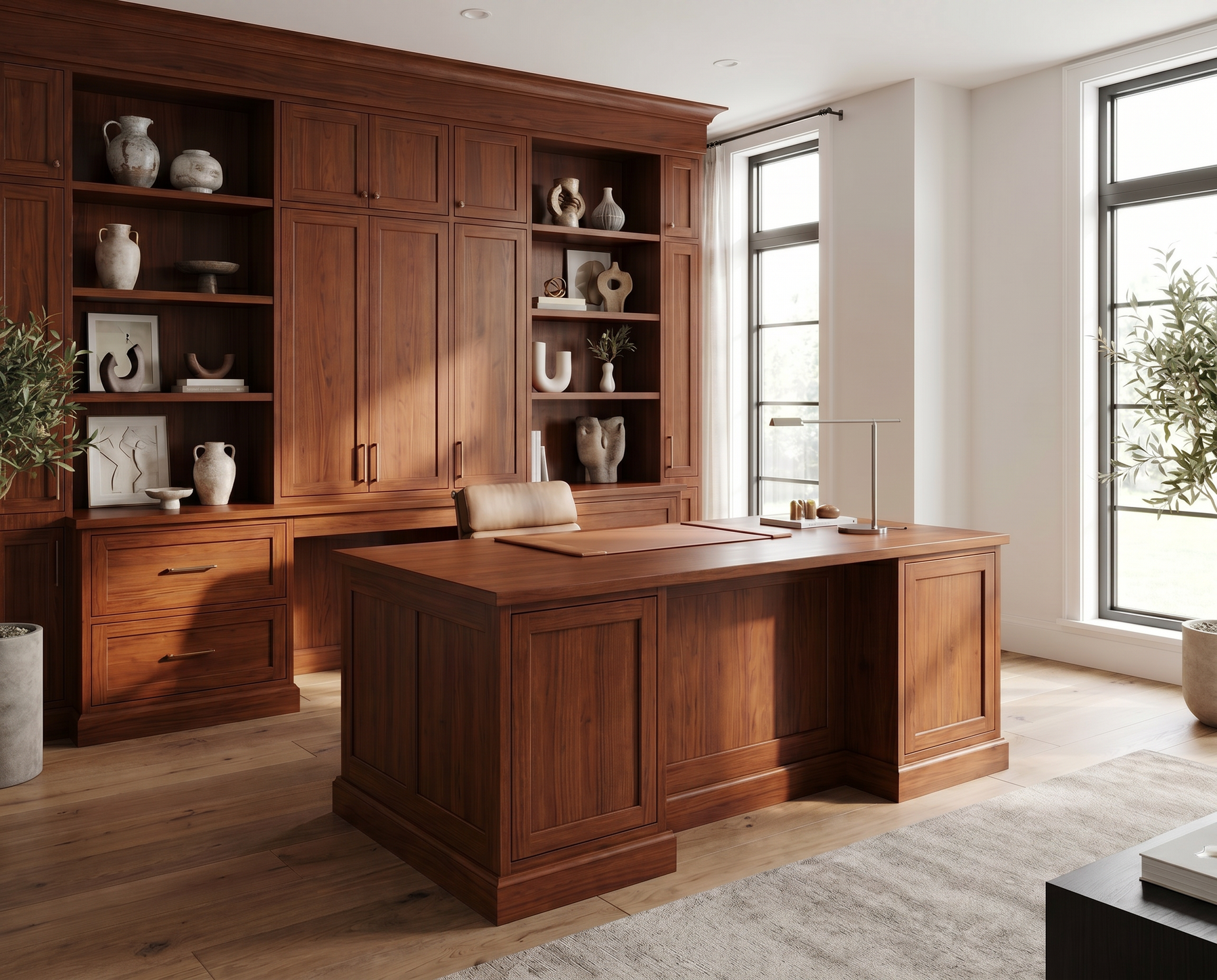 Sunlit home office with a large walnut desk and wall of built-in walnut shelves and cabinets.