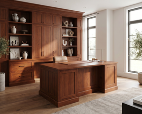 Sunlit home office with a large walnut desk and wall of built-in walnut shelves and cabinets.
