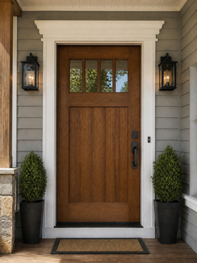A modern wooden front door with a six-pane top window, set in a white frame on a house porch with black lantern wall lights, potted topiary trees, and a woven doormat.