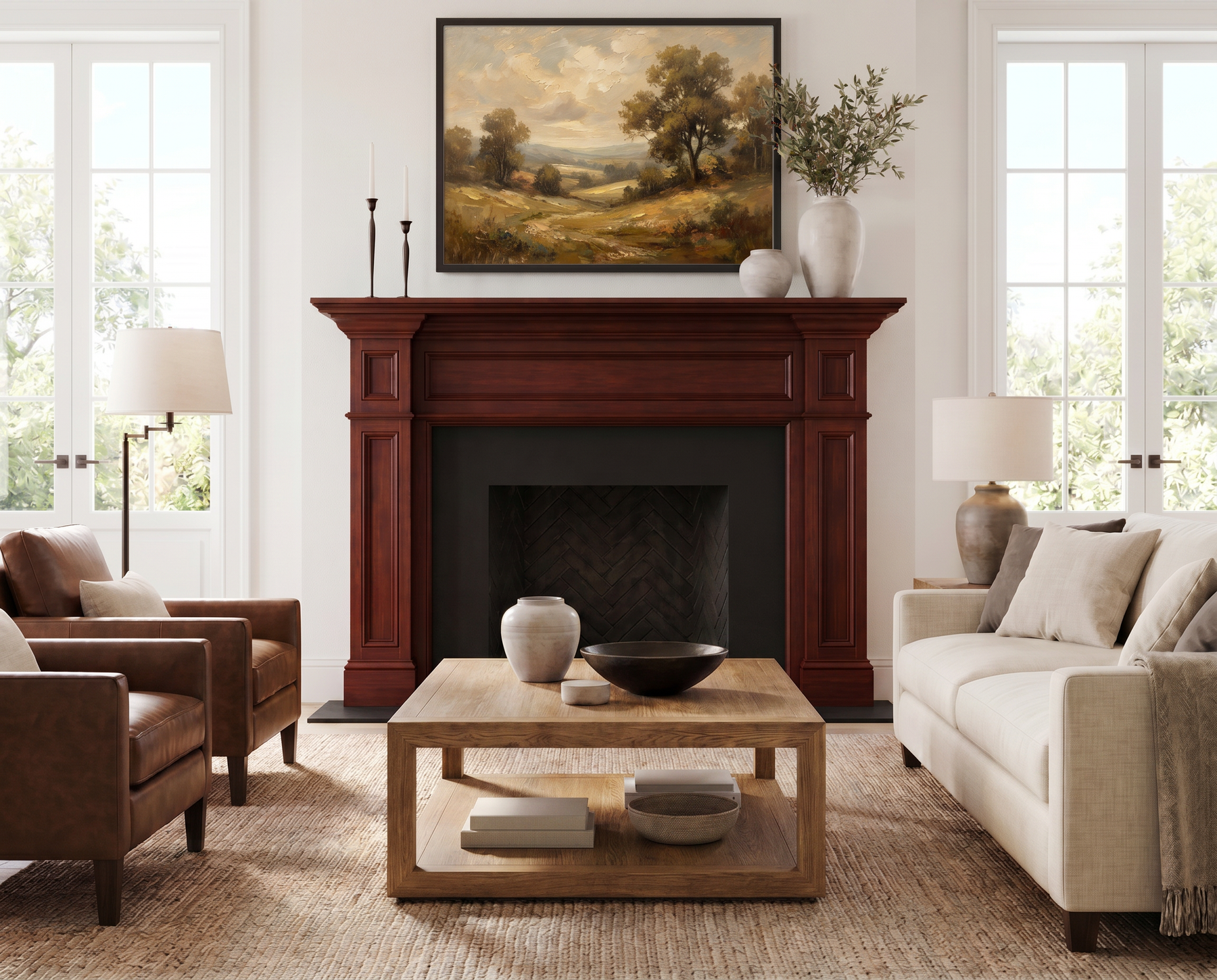 A framed landscape painting of a tree-filled valley hangs above a dark wood fireplace mantel in a bright, modern living room with a beige sofa, brown leather armchair, wooden coffee table, and tall windows.