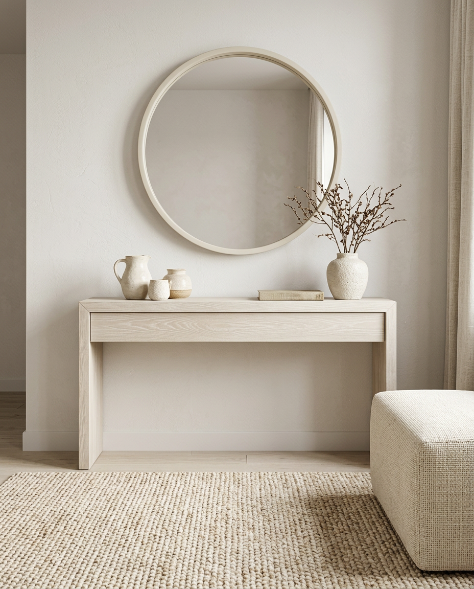 Minimalist entryway with a light wood console table, round mirror, ceramic vases, and textured neutral rug.