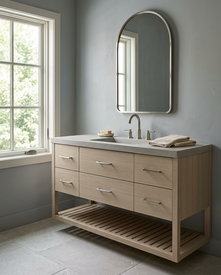 A light wood bathroom vanity with a gray stone countertop, integrated sink, and chrome faucet, shown in a styled bathroom setting with a wall-mounted arched mirror, gray walls, and a window.