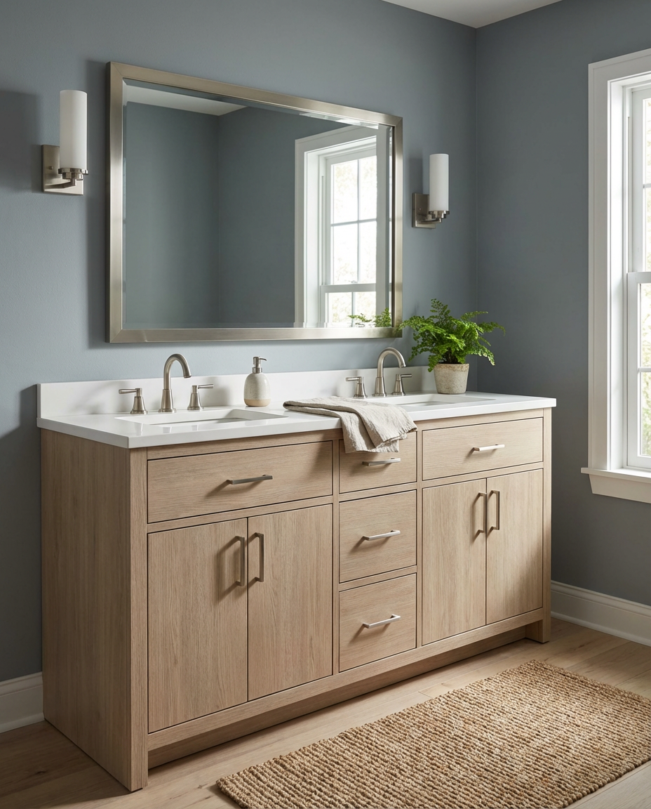 Double bathroom vanity with light wood cabinets, white countertop, brushed nickel fixtures, and large framed mirror.