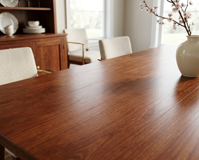 Close-up of a polished walnut dining table with upholstered chairs, cherry blossom vase, and wood hutch in the background.