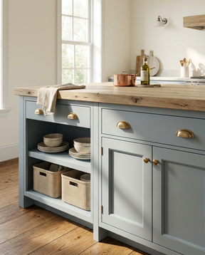 Kitchen island with wooden countertop and gray cabinets, featuring kitchenware and decor.