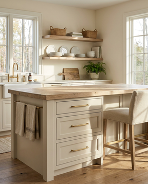 Kitchen with wooden island, shelves, and windows
