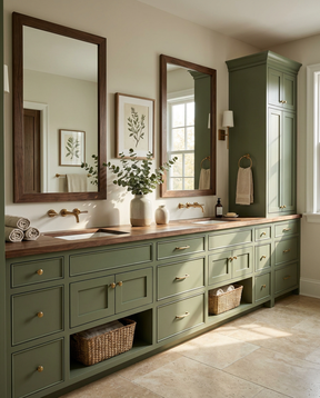 Bathroom with green vanity, wooden countertop, and large mirrors.