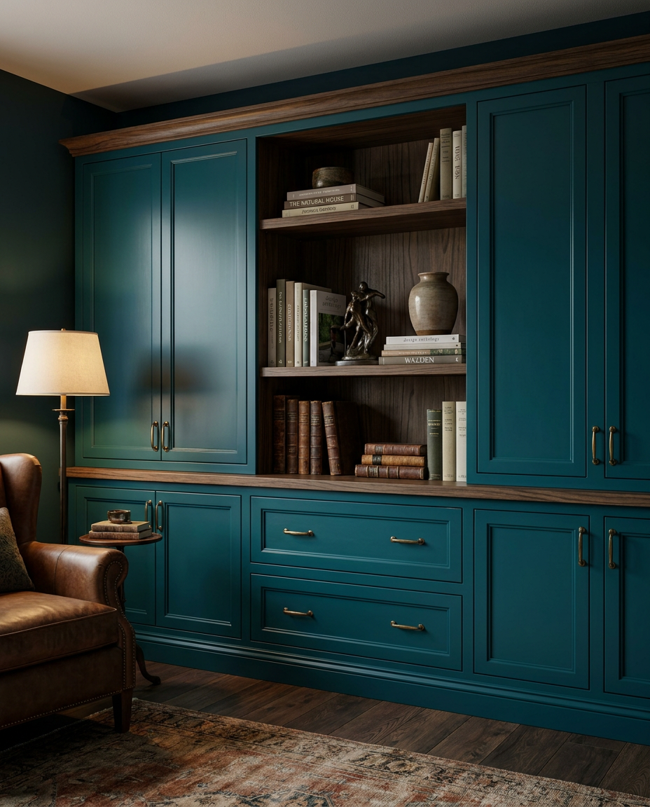 Blue cabinet with books and decor in a room with a lamp and chair.