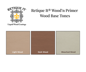 Retique It® Wood’n Primer swatches showing Light Wood, Dark Wood, and Bleached Wood base tones.