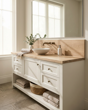 Bathroom vanity with wooden countertop, sink, and decorative items.