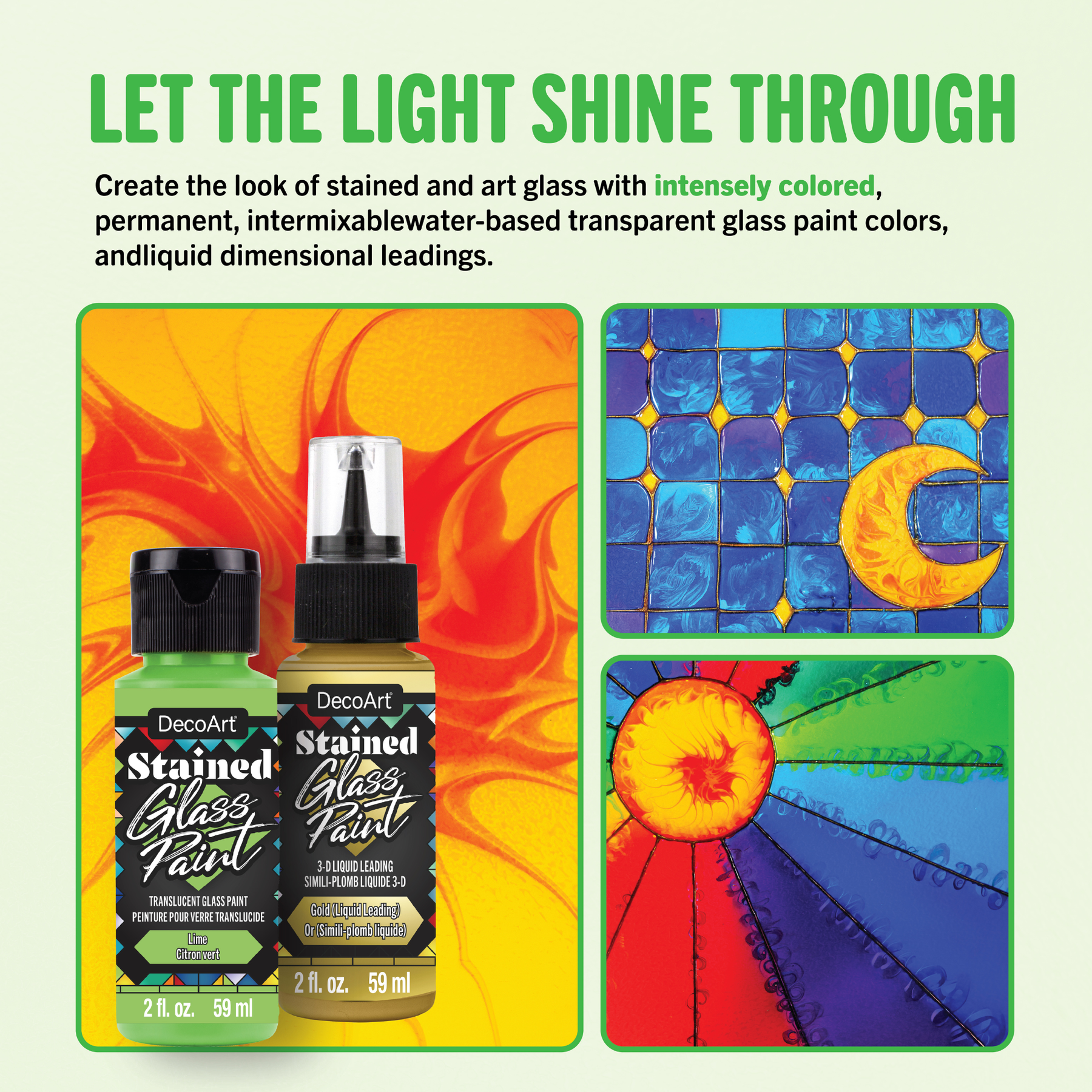 DecoArt stained glass paints set with four vibrant colors on a clear background for stained glass art projects.