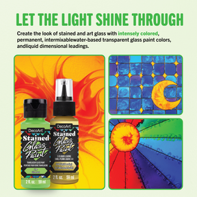 DecoArt stained glass paints set with four vibrant colors on a clear background for stained glass art projects.