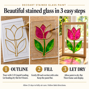 DecoArt Stained Glass Paint in Red, three-step application guide with stained glass project examples