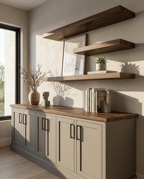 Modern interior with a wooden shelf and cabinet against a neutral wall.