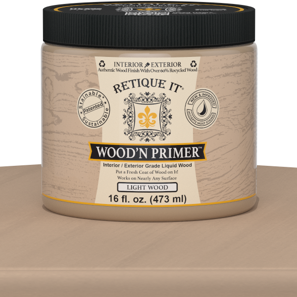 Liquid Wood Wood'n Primer by Retique It in Light Wood, 16 fl oz, showing a swatch of the primer on a surface.