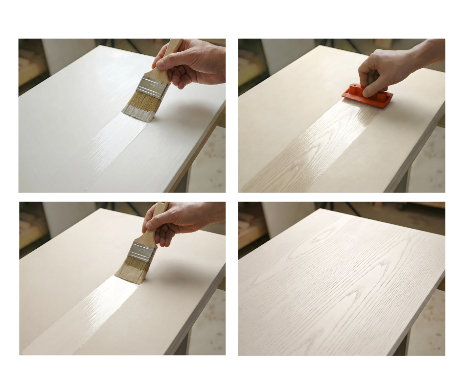 Four-panel application sequence showing primer and stain being brushed on, then grained with a red tool, ending in a whitewashed wood finish.