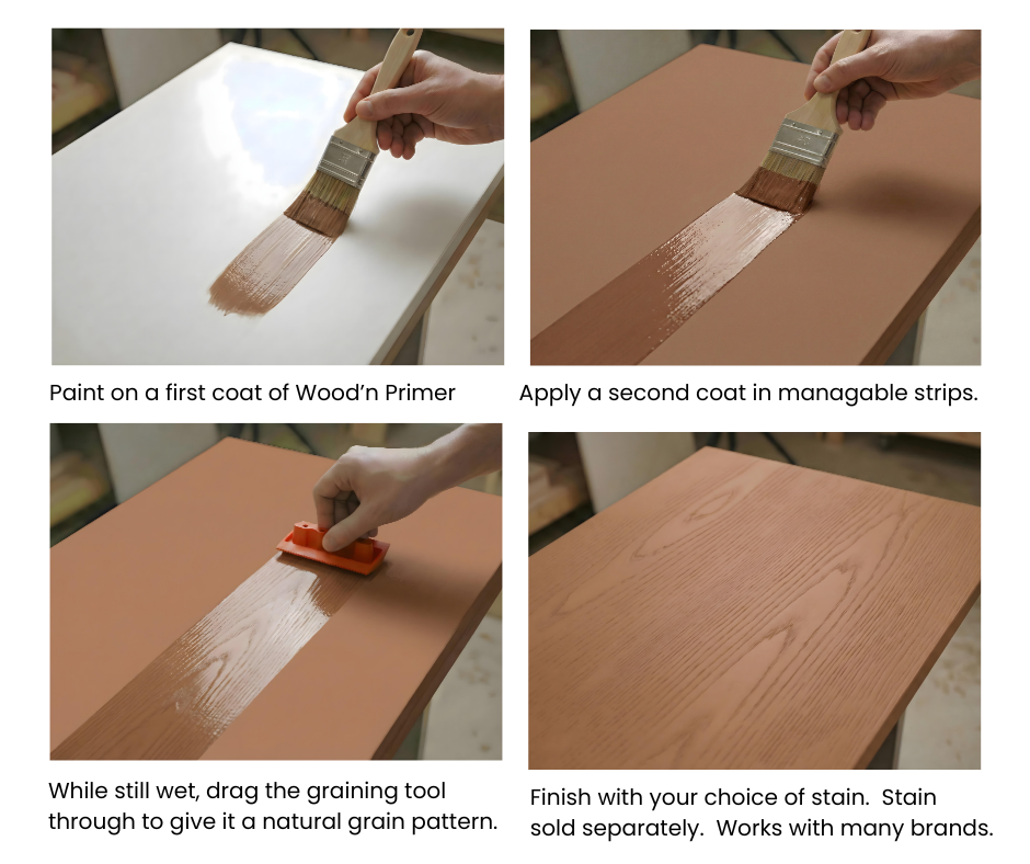 Retique It® Dark Wood Universal Kit steps showing primer application, the red graining tool, and finished wood grain.