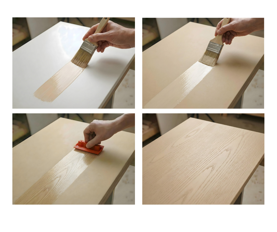 Four-panel application sequence showing a brush applying Light primer, then stain, then a red graining tool, ending with a light wood grain finish.