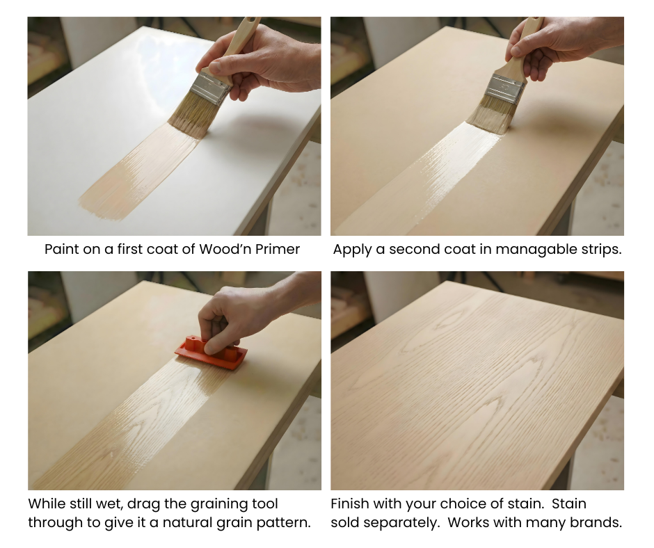 Retique It® Light Wood Universal Kit steps showing primer application, the red graining tool, and finished wood grain.
