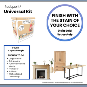 Retique It Universal Liquid Wood Kit in Dark Wood, showing application infographic and product details for wood refinishing.