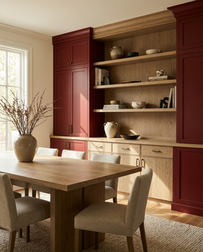 Dining room with wooden table and chairs, red cabinets, and shelves with decor items.