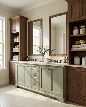Bathroom with wooden cabinets, mirrors, and a green vanity.