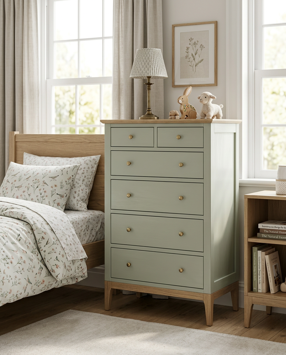 Nursery room with a green dresser, bed, and bookshelf.