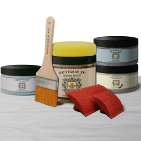 Retique It Weathered Finish Kit in Weathered Wood showing wood surfaces with a distressed, bleached weathered wood effect.